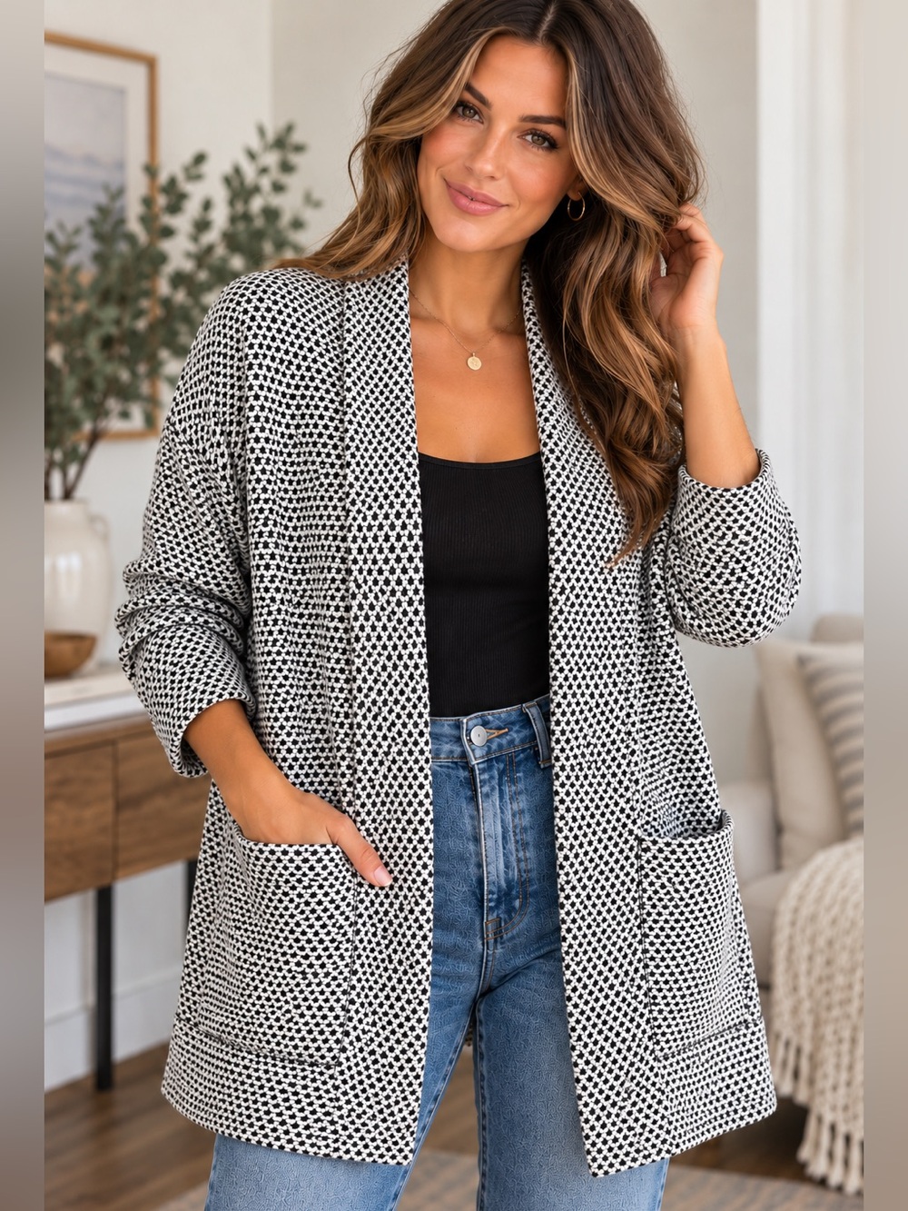Marine Layer Women’s Medium Black White Textured Knit Open Front Cardigan